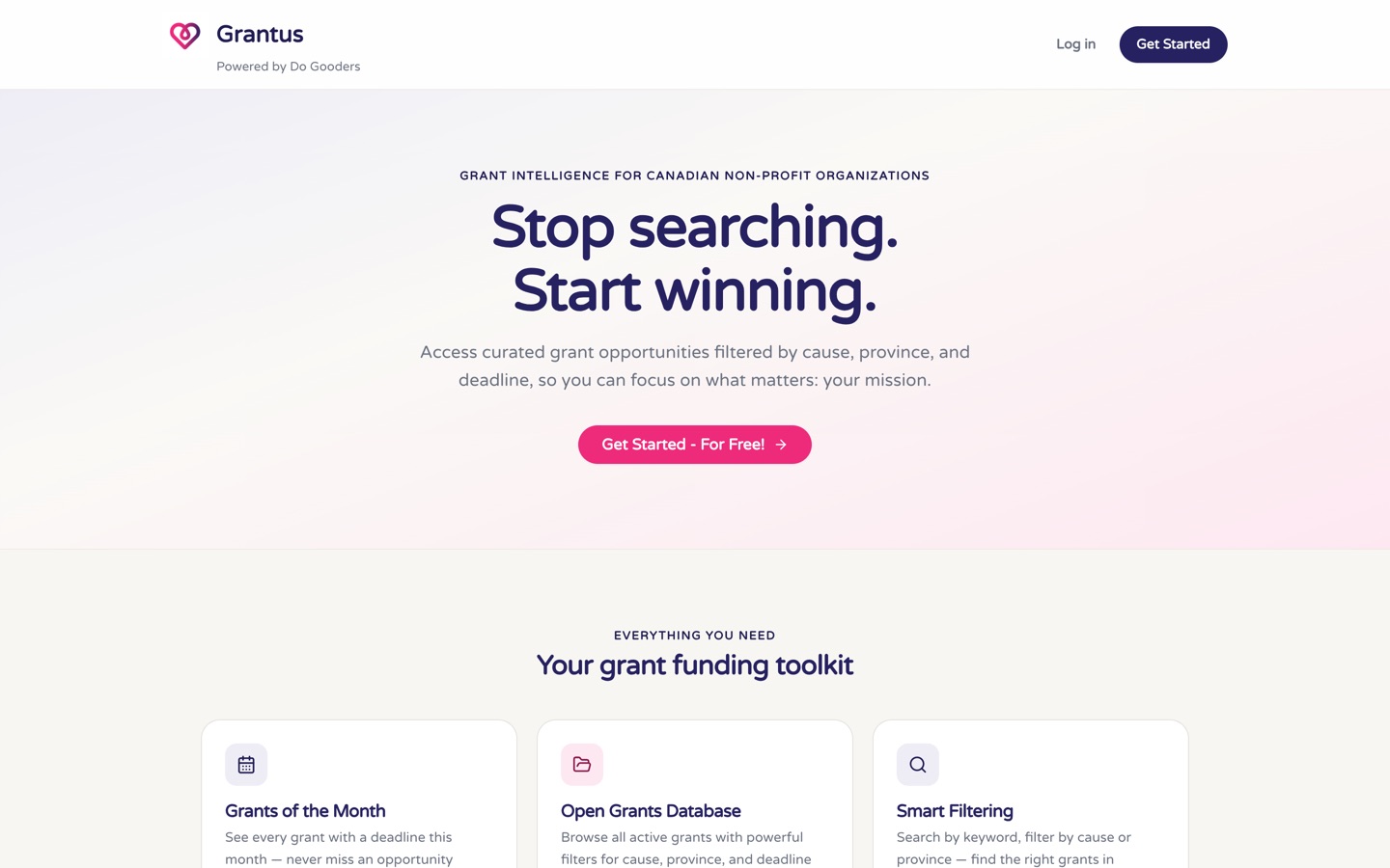 Grantus landing page hero: Stop searching. Start winning.