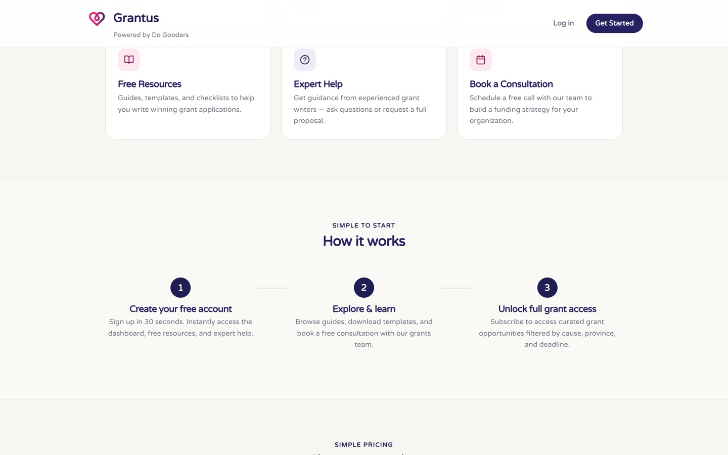 Grantus how-it-works section with three steps