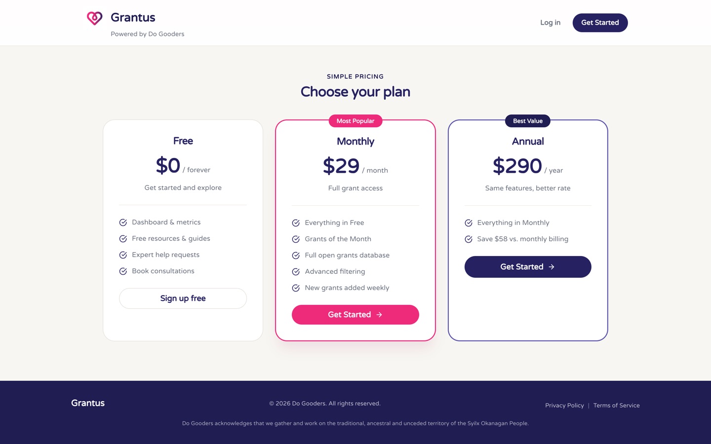 Grantus pricing page with free, monthly and annual plans