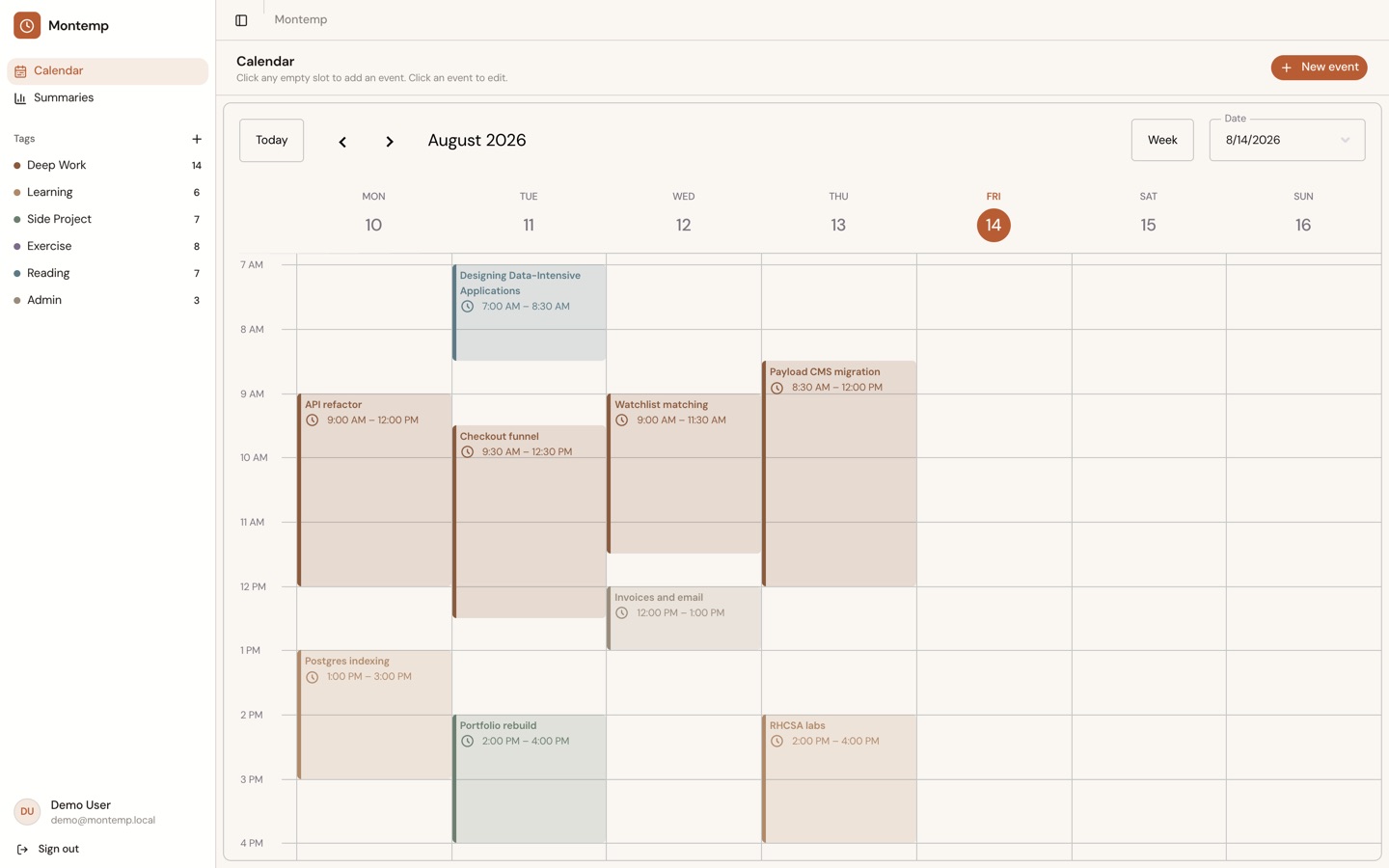 Montemp weekly calendar view with tagged time blocks