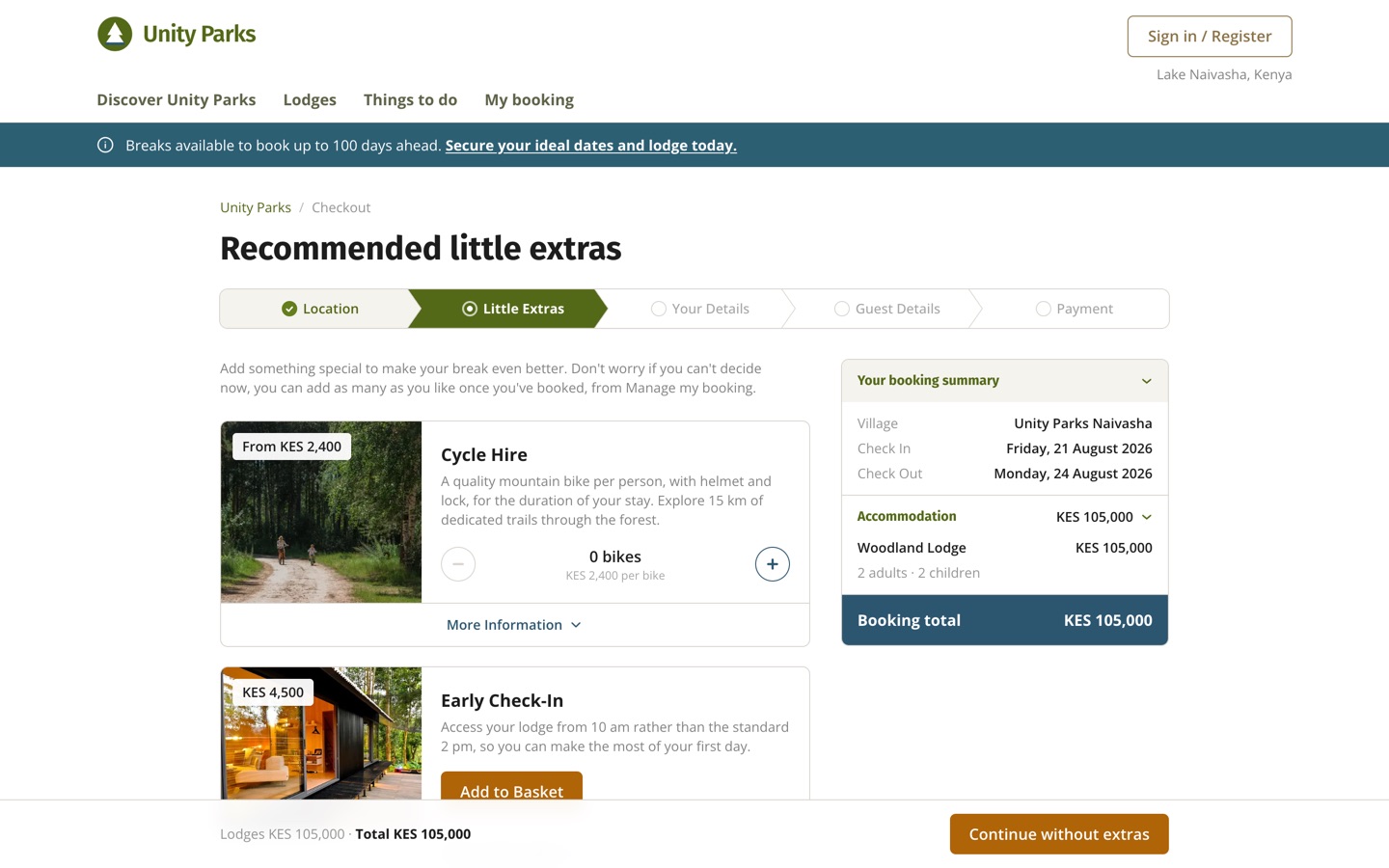 Unity Parks checkout extras step