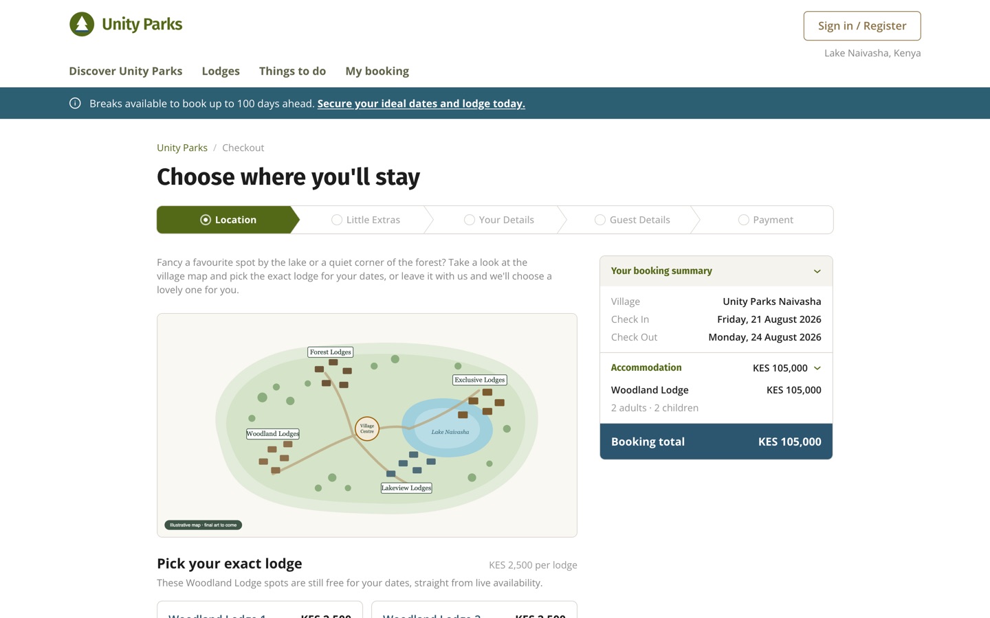 Unity Parks checkout location step with village map