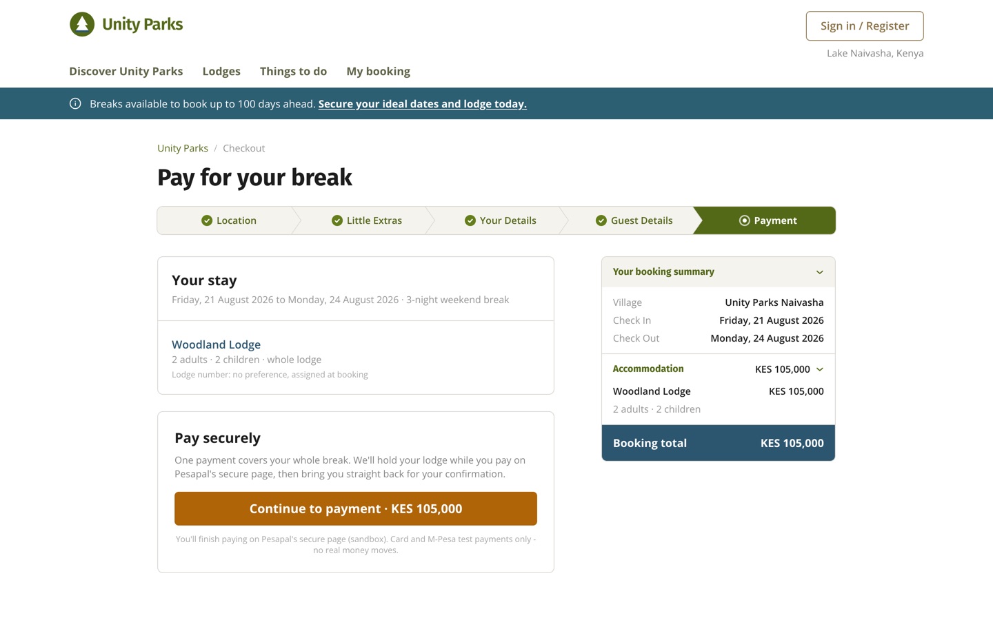Unity Parks checkout payment step