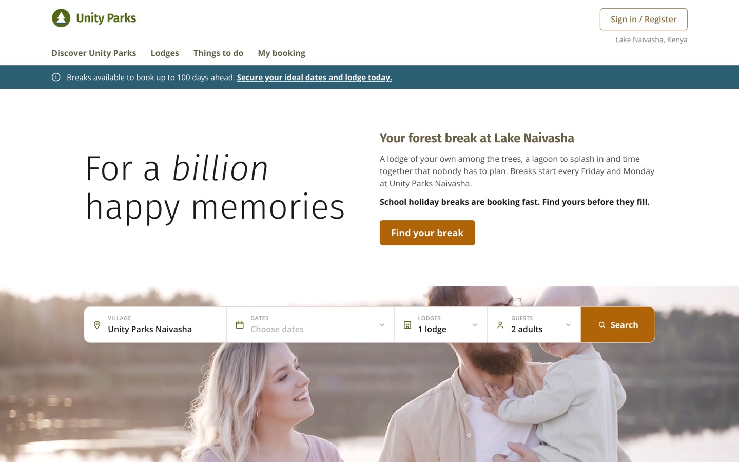 Unity Parks homepage with booking search bar