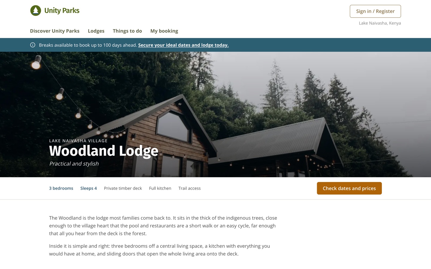Unity Parks Woodland Lodge detail page