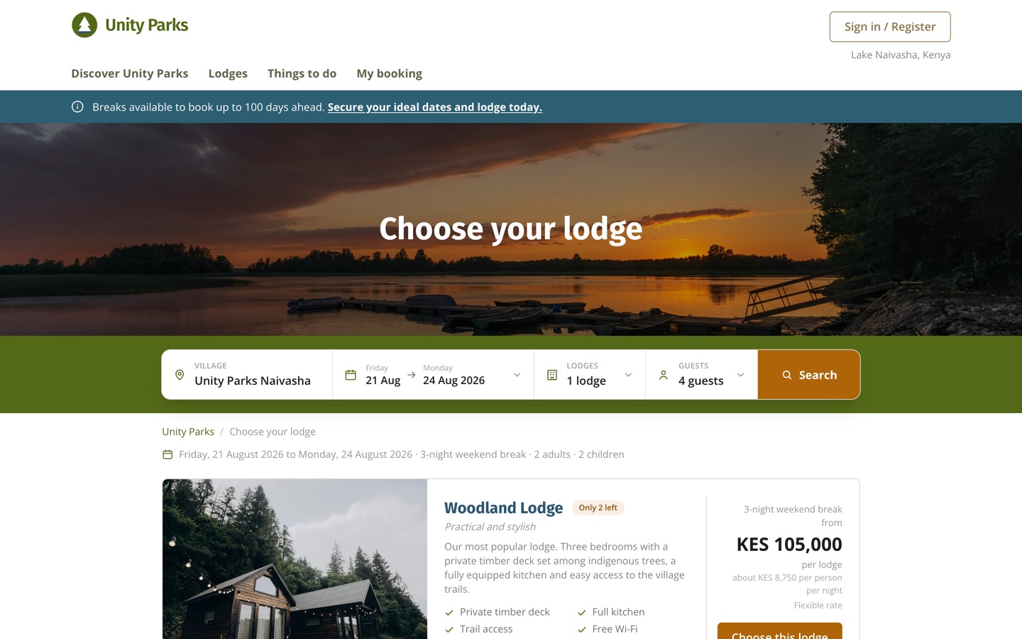 Unity Parks lodge search results with live pricing