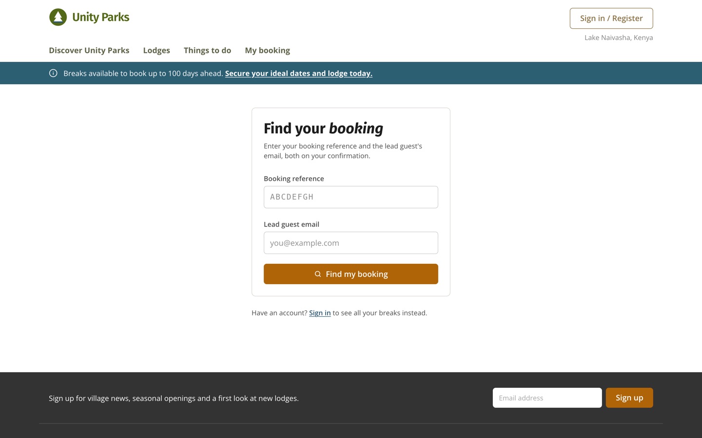 Unity Parks manage booking page