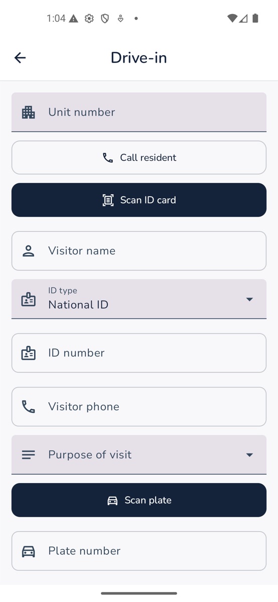 Unity Gate drive-in registration form on an Android phone