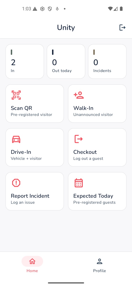 Unity Gate guard home screen on an Android phone