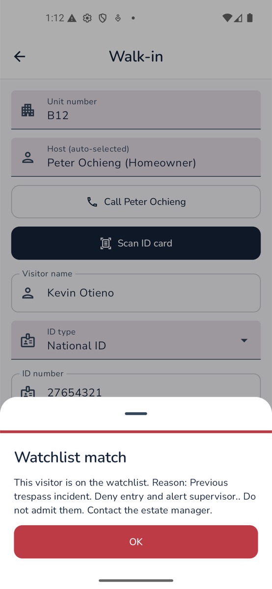 Unity Gate watchlist match alert on an Android phone