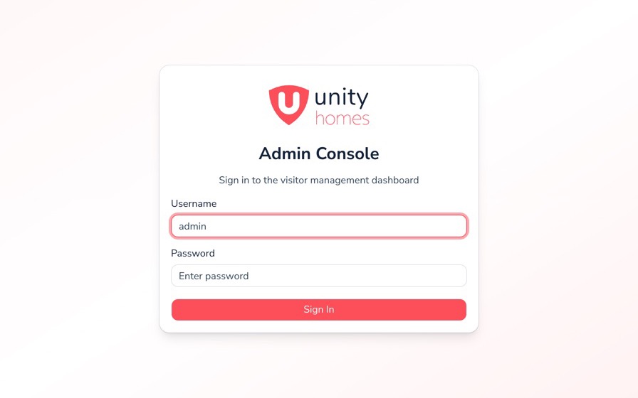 Unity Visitors admin login screen