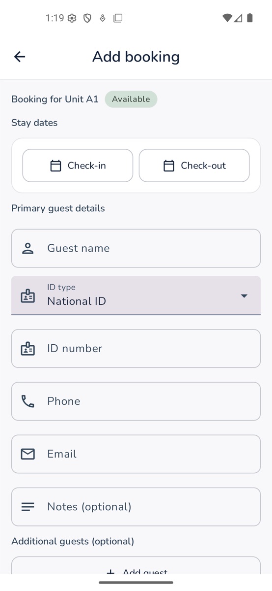 Unity Pass add-booking form on an Android phone