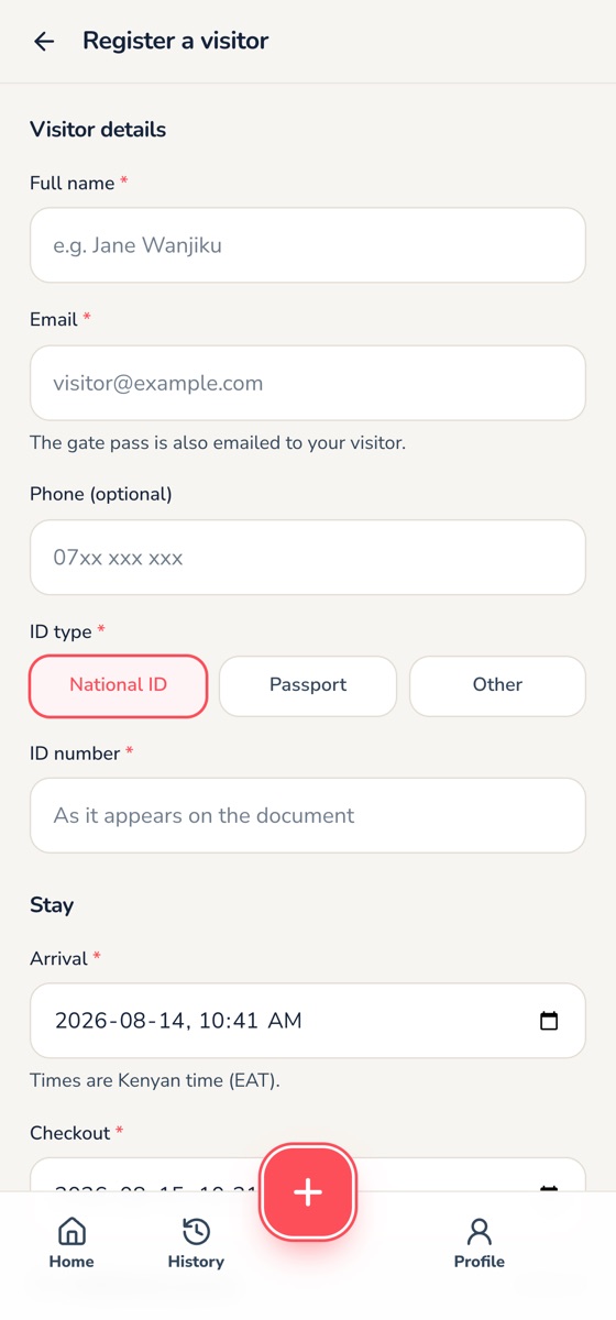 Unity Pass PWA register-a-visitor form on a phone